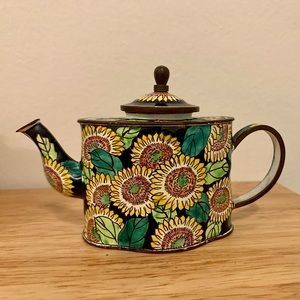 3 inch miniature enamel teapot. Sunflower design.